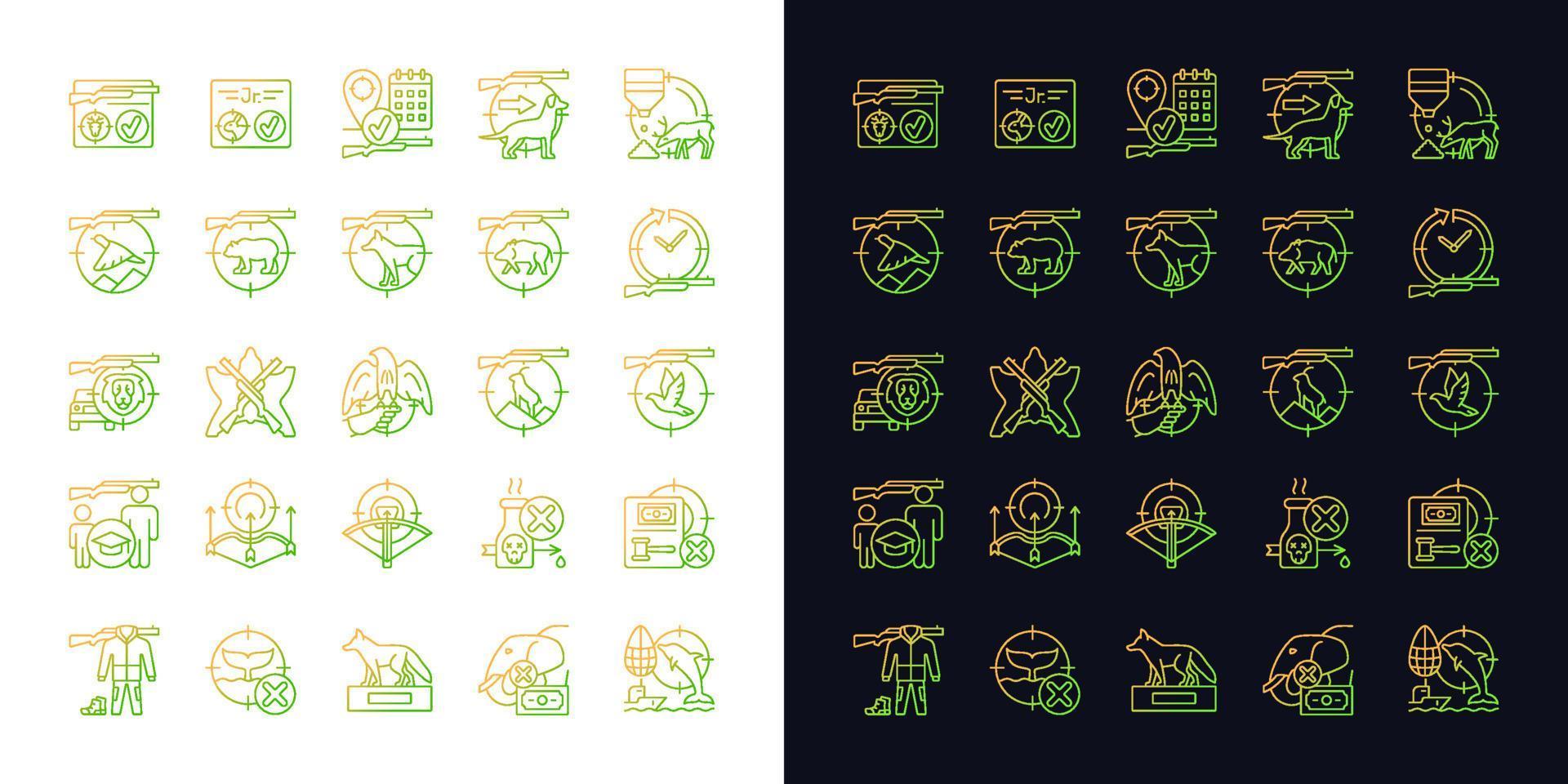 Hunting gradient icons set for dark and light mode. Wildlife animal and bird hunt. Pursue prey. Thin line contour symbols bundle. Isolated vector outline illustrations collection on black and white