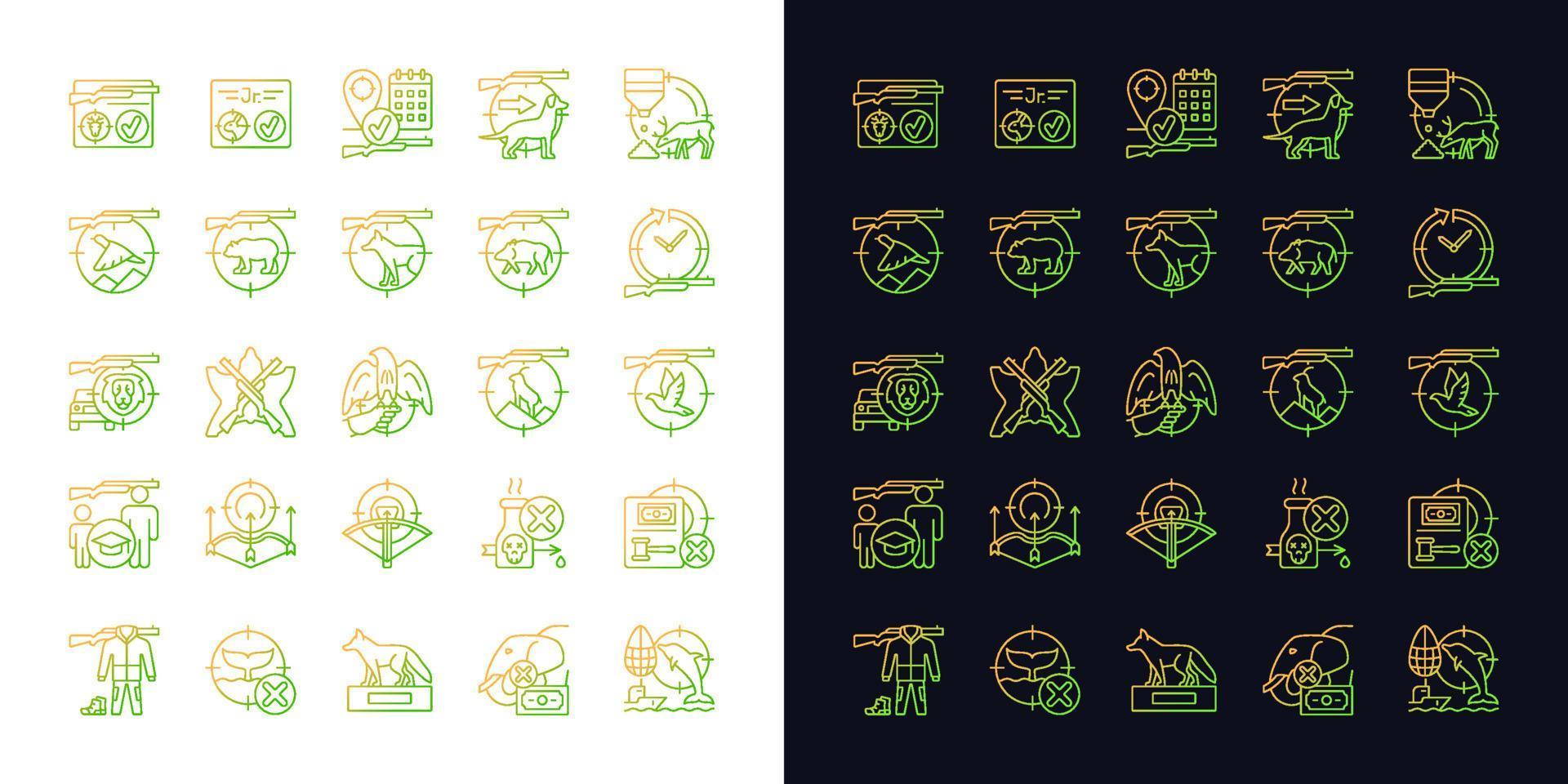 Hunting gradient icons set for dark and light mode. Wildlife animal and bird hunt. Pursue prey. Thin line contour symbols bundle. Isolated vector outline illustrations collection on black and white