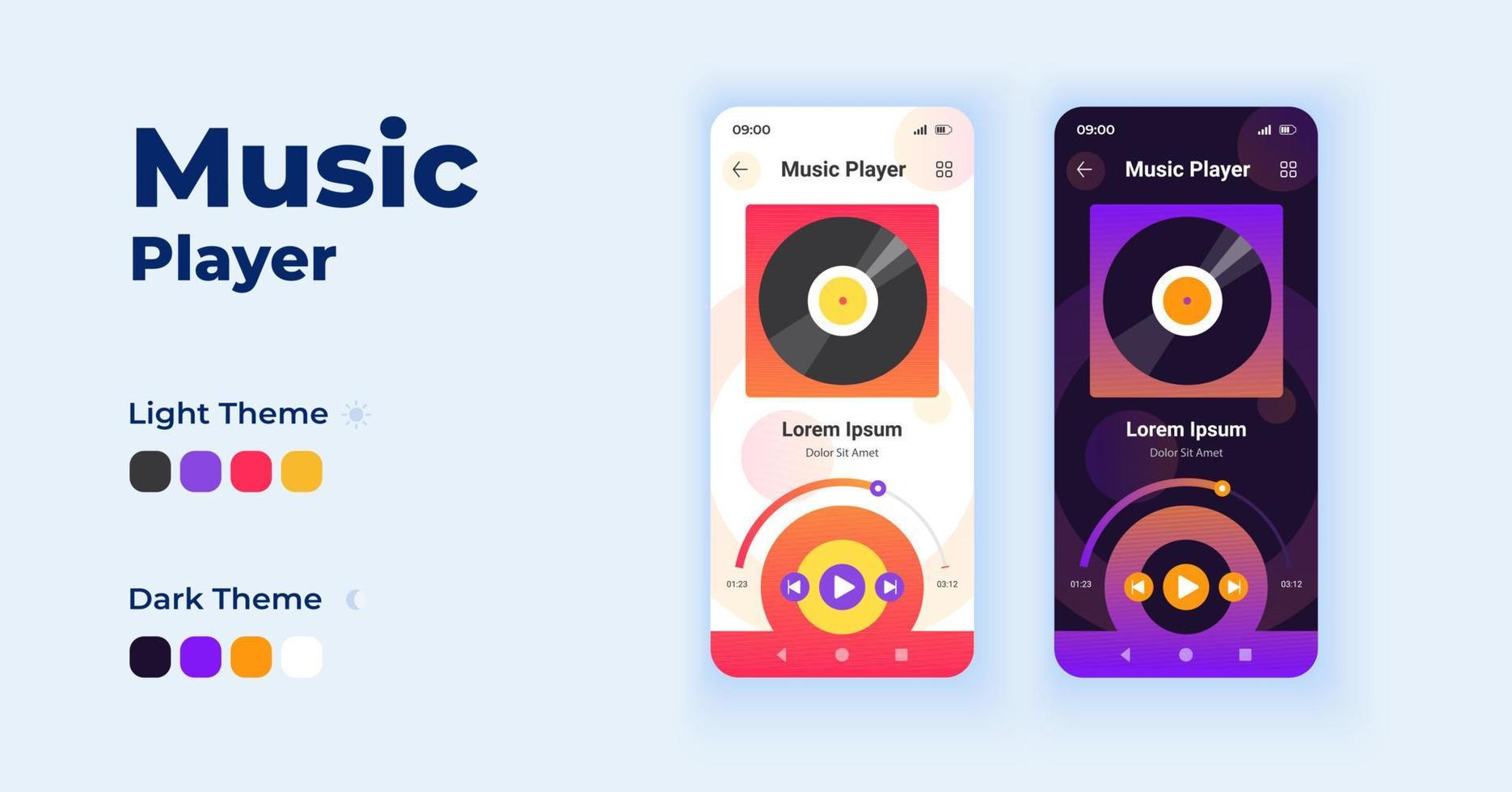 Music player cartoon smartphone interface vector templates set. Mobile app screen page day and dark mode design. Online streaming service. Broadcasting songs UI for application. Phone display