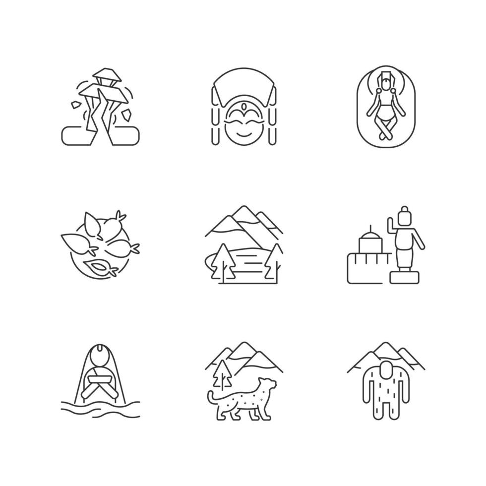 cultura de nepal conjunto de iconos lineales. destino de trekking. terremoto. sitios religiosos. festivales nepaleses. símbolos de contorno de línea fina personalizables. ilustraciones de contorno de vector aislado. trazo editable