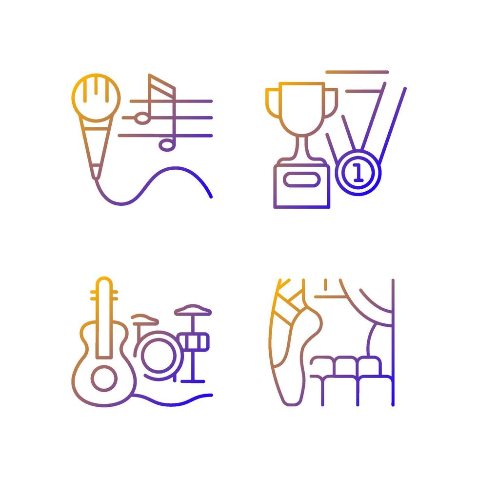 Hobby and leisure gradient linear vector icons set. Talent competition. Performing on stage. Musical and sports talent. Thin line contour symbols bundle. Isolated outline illustrations collection