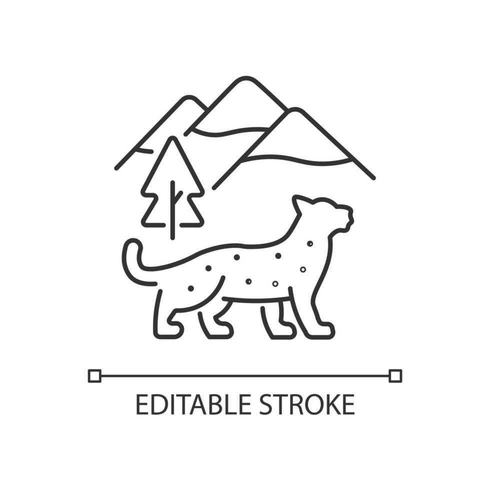 Snow leopard linear icon. Wild animal living in Nepal. Himalayan predator. Endangered species. Thin line customizable illustration. Contour symbol. Vector isolated outline drawing. Editable stroke