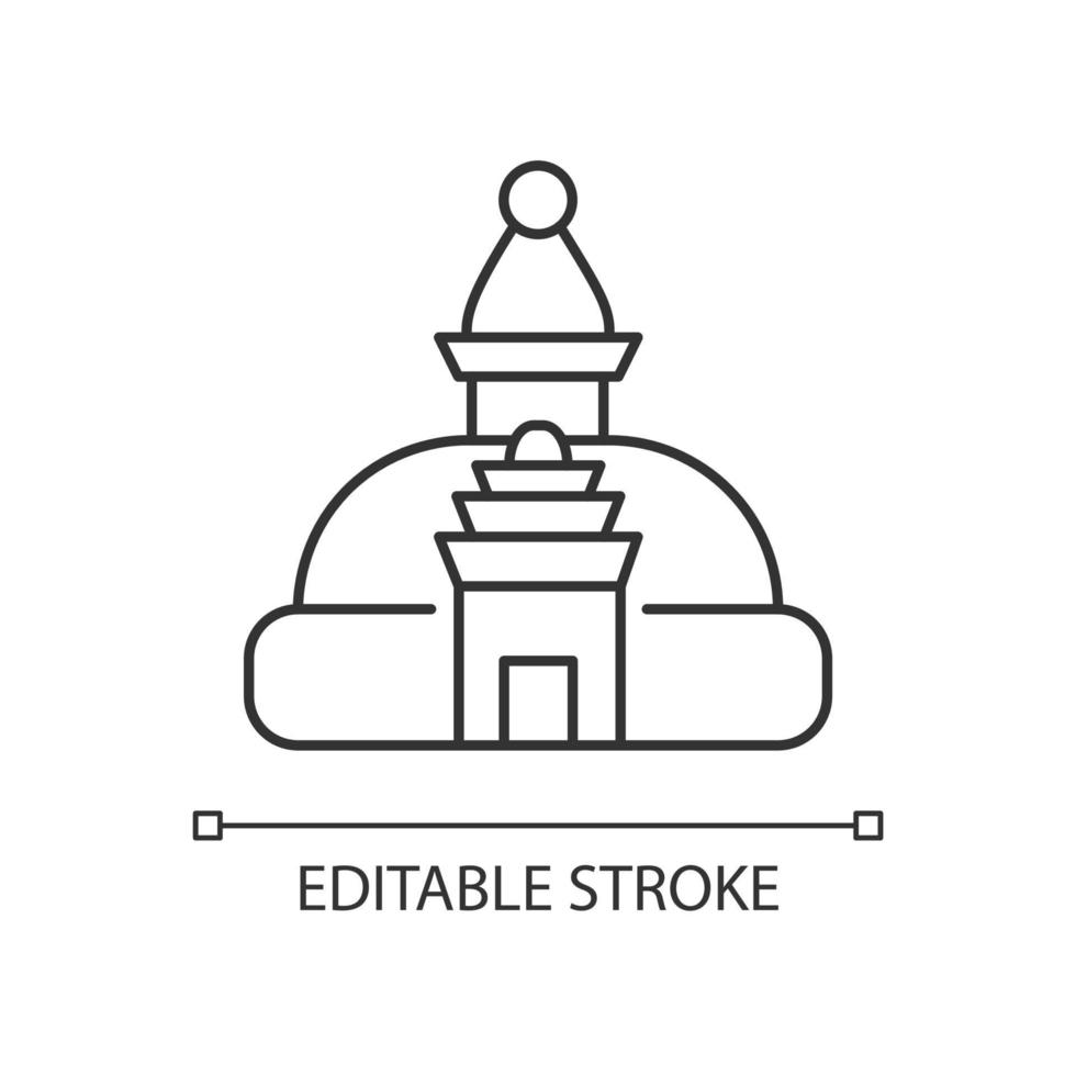 Swayambhu stupa linear icon. Monkey temple. Shrine with painted Buddha eyes. Nepal architecture. Thin line customizable illustration. Contour symbol. Vector isolated outline drawing. Editable stroke