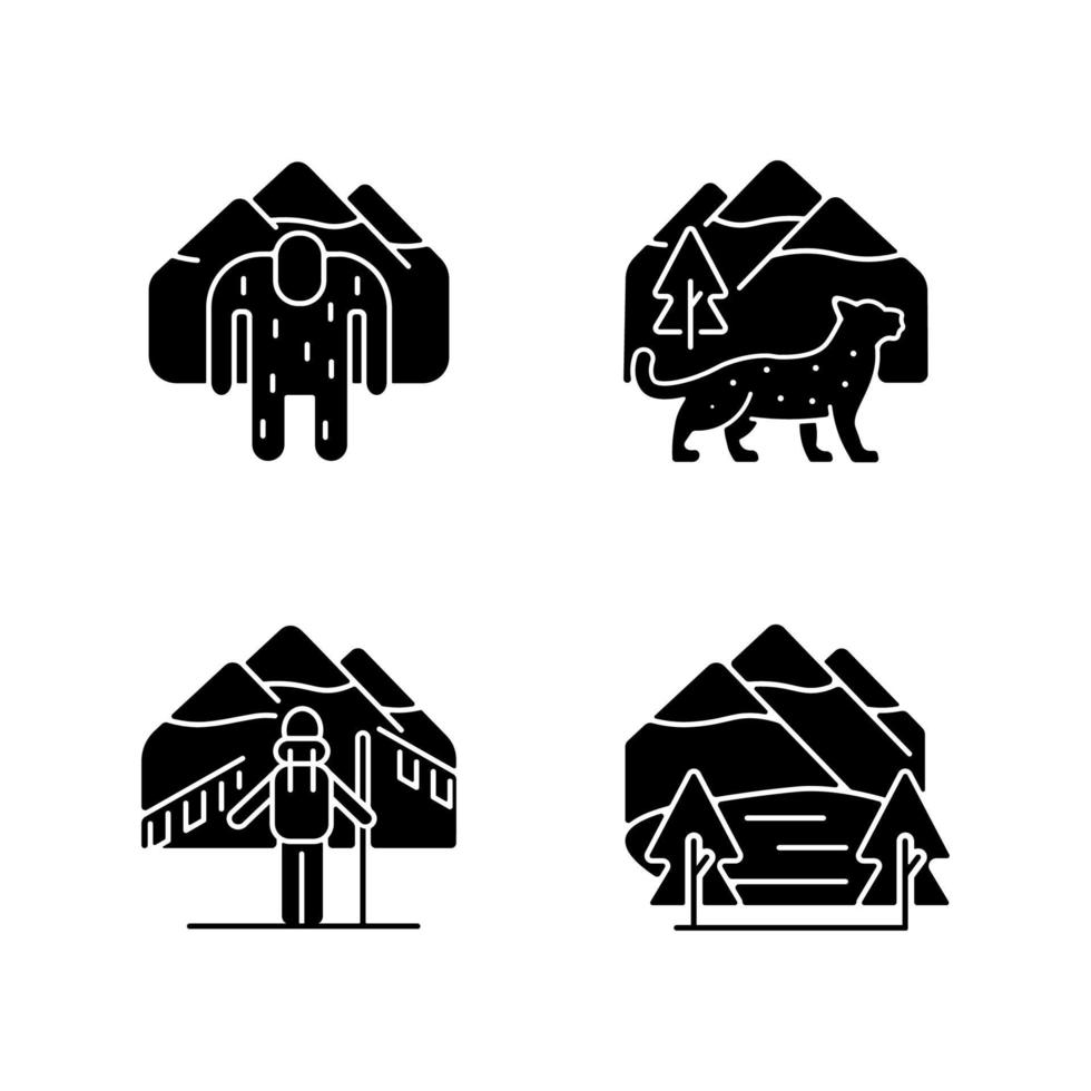 Mountaineering in Nepal black glyph icons set on white space. Trekking peaks. Himalayan folklore. Snow leopard. Shey Phoksundo national park. Silhouette symbols. Vector isolated illustration