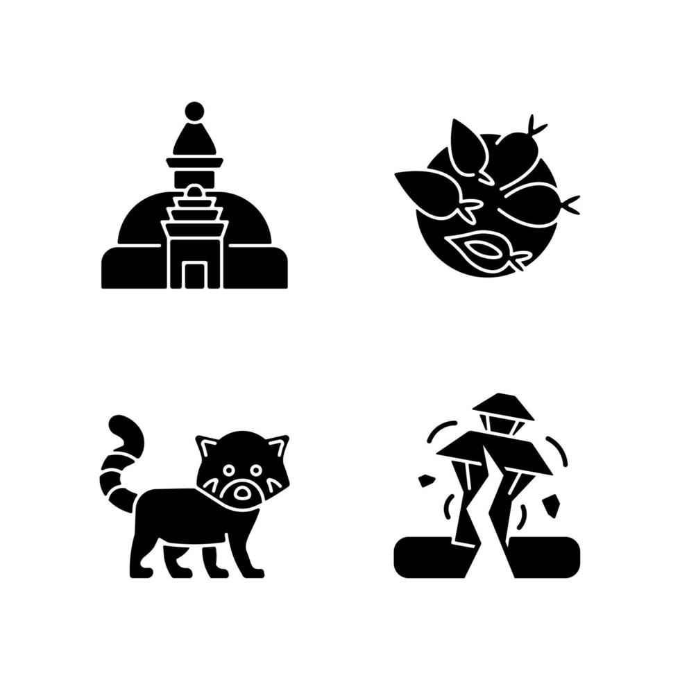 Tourism in Nepal black glyph icons set on white space. Swayambhu stupa. Nepalese cuisine. Red panda. Earthquake risk. Monkey temple. Yomari dish. Silhouette symbols. Vector isolated illustration