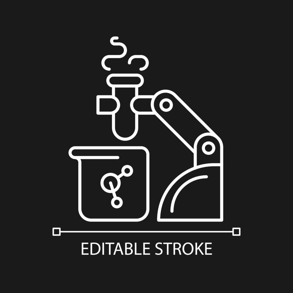 Robotic lab assistance white linear icon for dark theme. Automated laboratory assistant. Thin line customizable illustration. Isolated vector contour symbol for night mode. Editable stroke