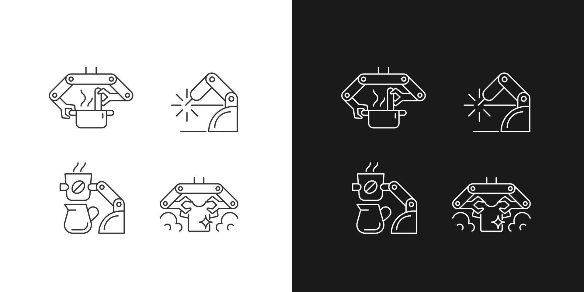 Automated mechanical devices linear icons set for dark and light mode. Robotic kitchen. Coffee making robot. Customizable thin line symbols. Isolated vector outline illustrations. Editable stroke