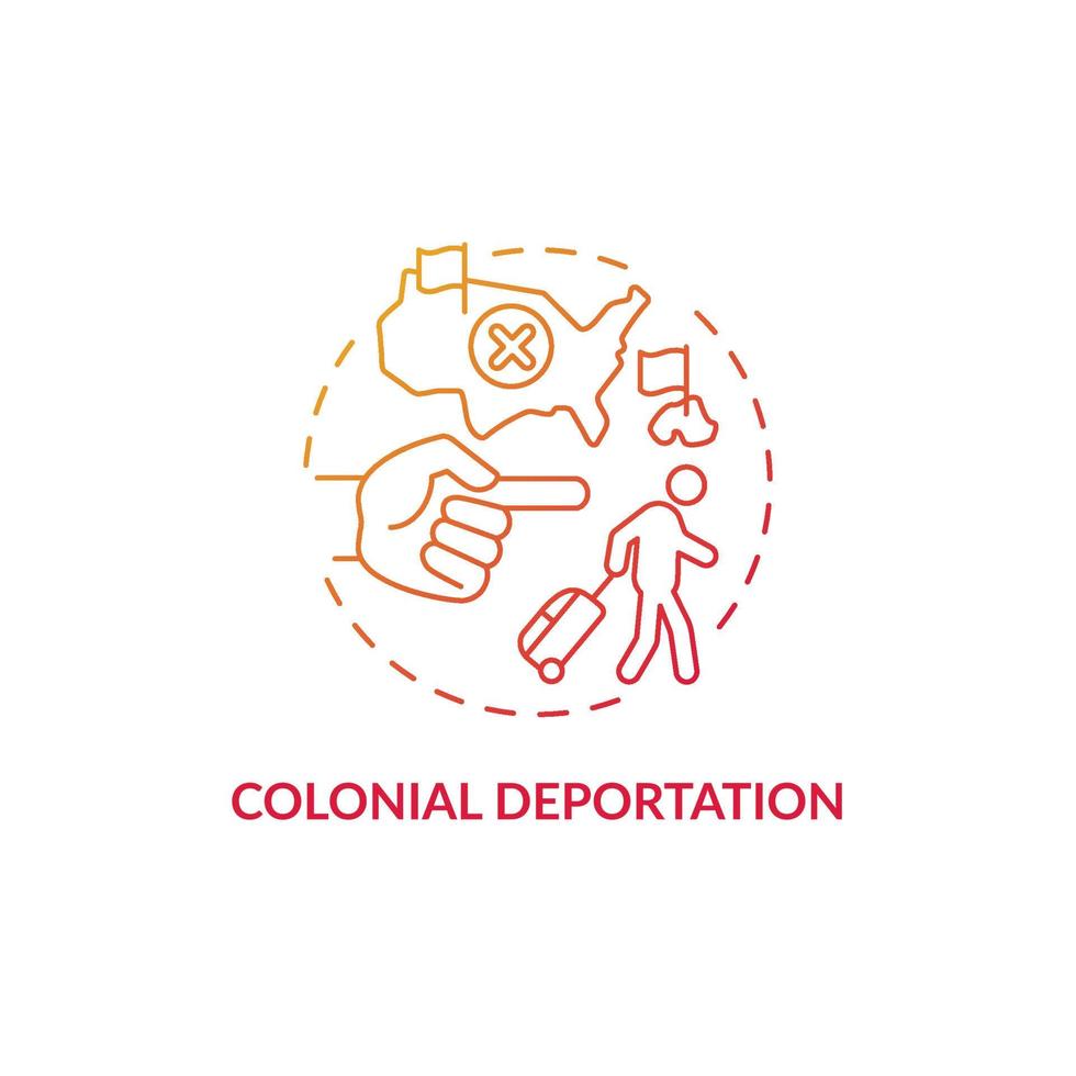 Icono de concepto rojo degradado de deportación colonial. tipo de remoción oficial. traslado penal a colonia. deportación idea abstracta ilustración de línea fina. dibujo de color de contorno aislado vectorial vector