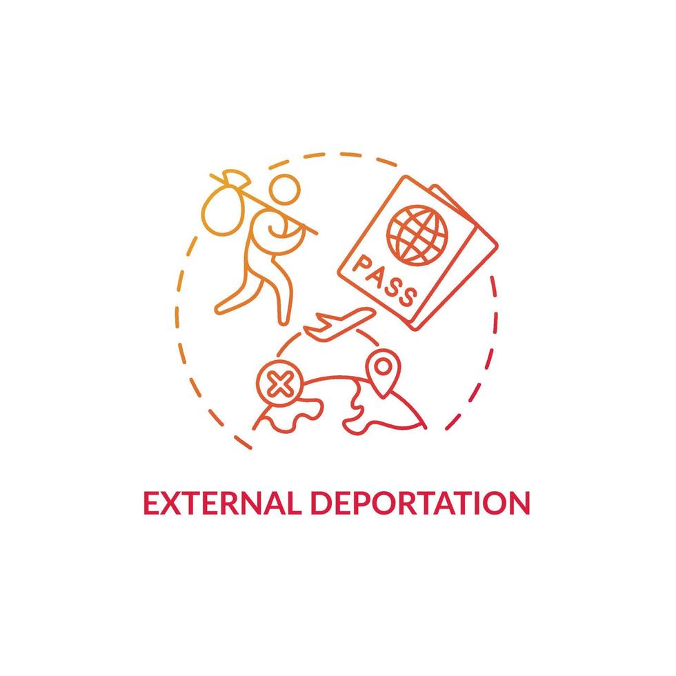 Icono de concepto rojo degradado de deportación externa. mudanza oficial al extranjero. saliendo del país. reasentamiento forzoso. deportación idea abstracta ilustración de línea fina. dibujo de color de contorno aislado vectorial vector