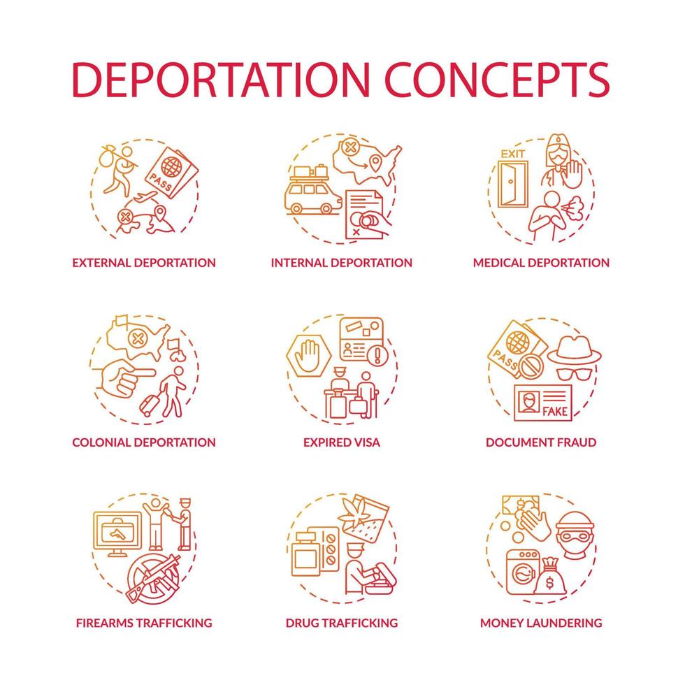 Deportation gradient red concept icons set. Reasons for official removal from country. Expired visa. Immigration idea thin line color illustrations. Vector isolated outline drawings