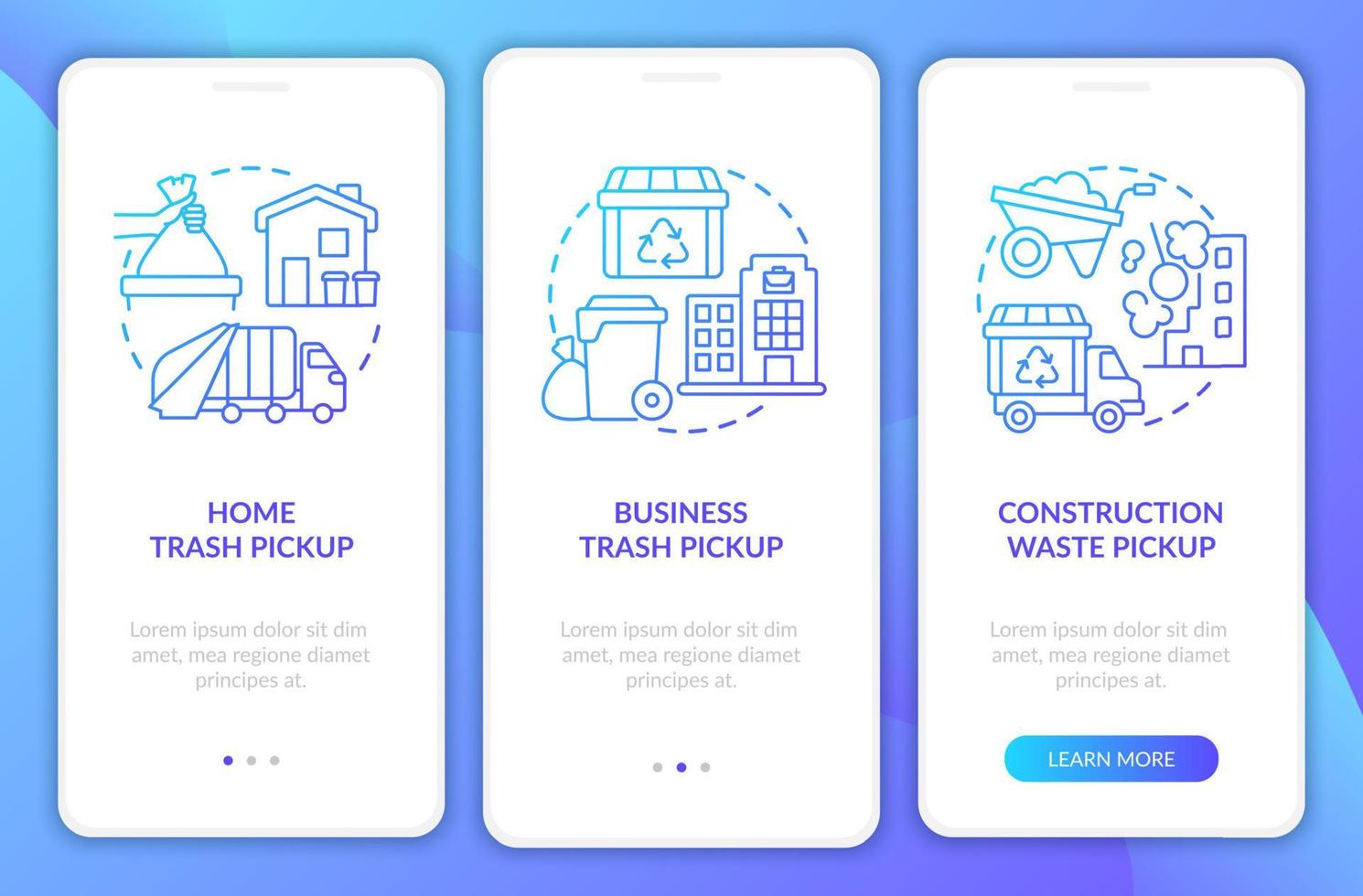 Waste collection and pickup blue gradient onboarding mobile app page screen. Walkthrough 3 steps graphic instructions with concepts. UI, UX, GUI vector template with linear color illustrations