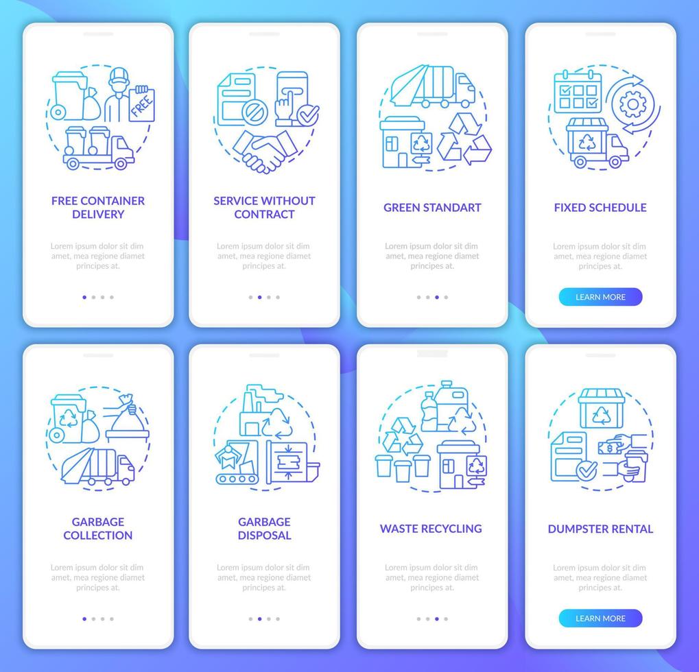 Garbage management service blue gradient onboarding mobile app page screen set. Walkthrough 4 steps graphic instructions with concepts. UI, UX, GUI vector template with linear color illustrations