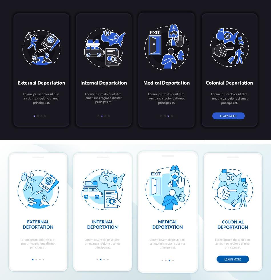 pantalla de la página de la aplicación móvil de incorporación de deportación diferente. Tutorial de problemas de inmigración Instrucciones gráficas de 4 pasos con conceptos. ui, ux, plantilla de vector de interfaz gráfica de usuario con ilustraciones en modo día y noche