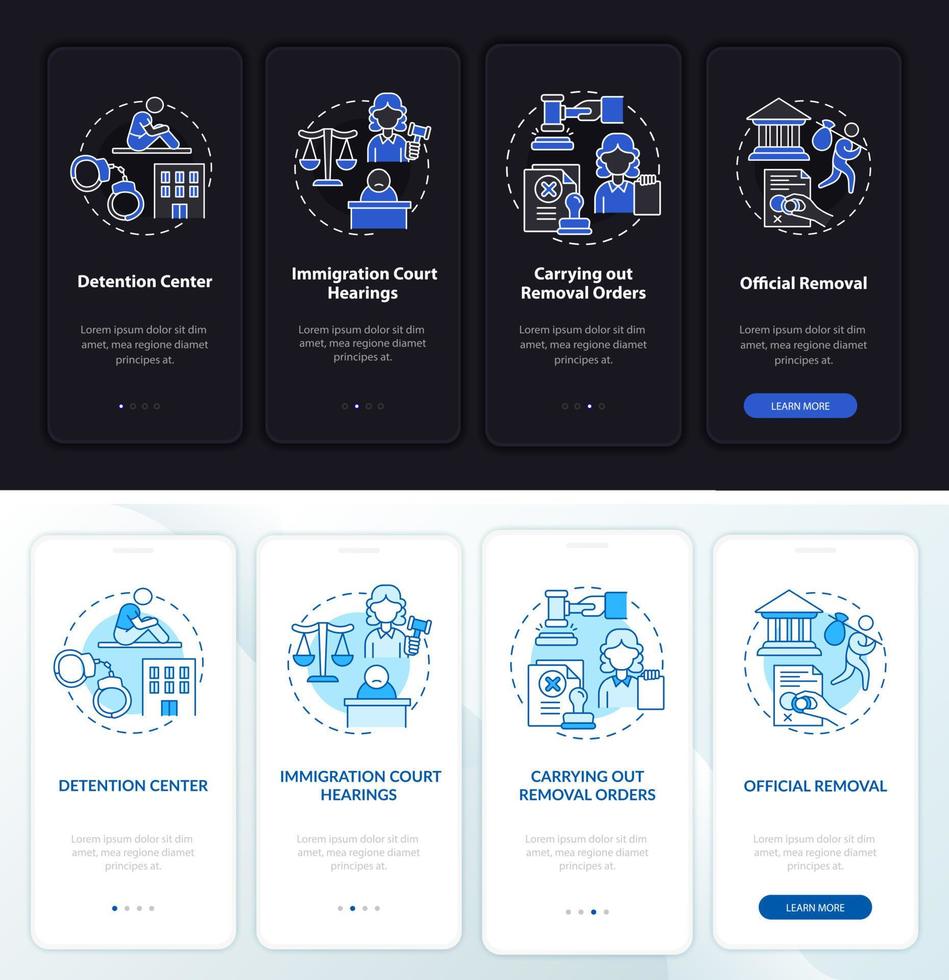 Deportation steps onboarding mobile app page screen. Official removal walkthrough 4 steps graphic instructions with concepts. UI, UX, GUI vector template with night and day mode illustrations