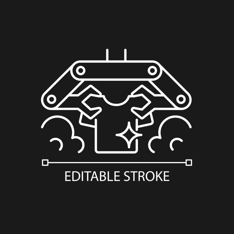 Laundry robot white linear icon for dark theme. Folding, washing clothes with robotic arms. Thin line customizable illustration. Isolated vector contour symbol for night mode. Editable stroke