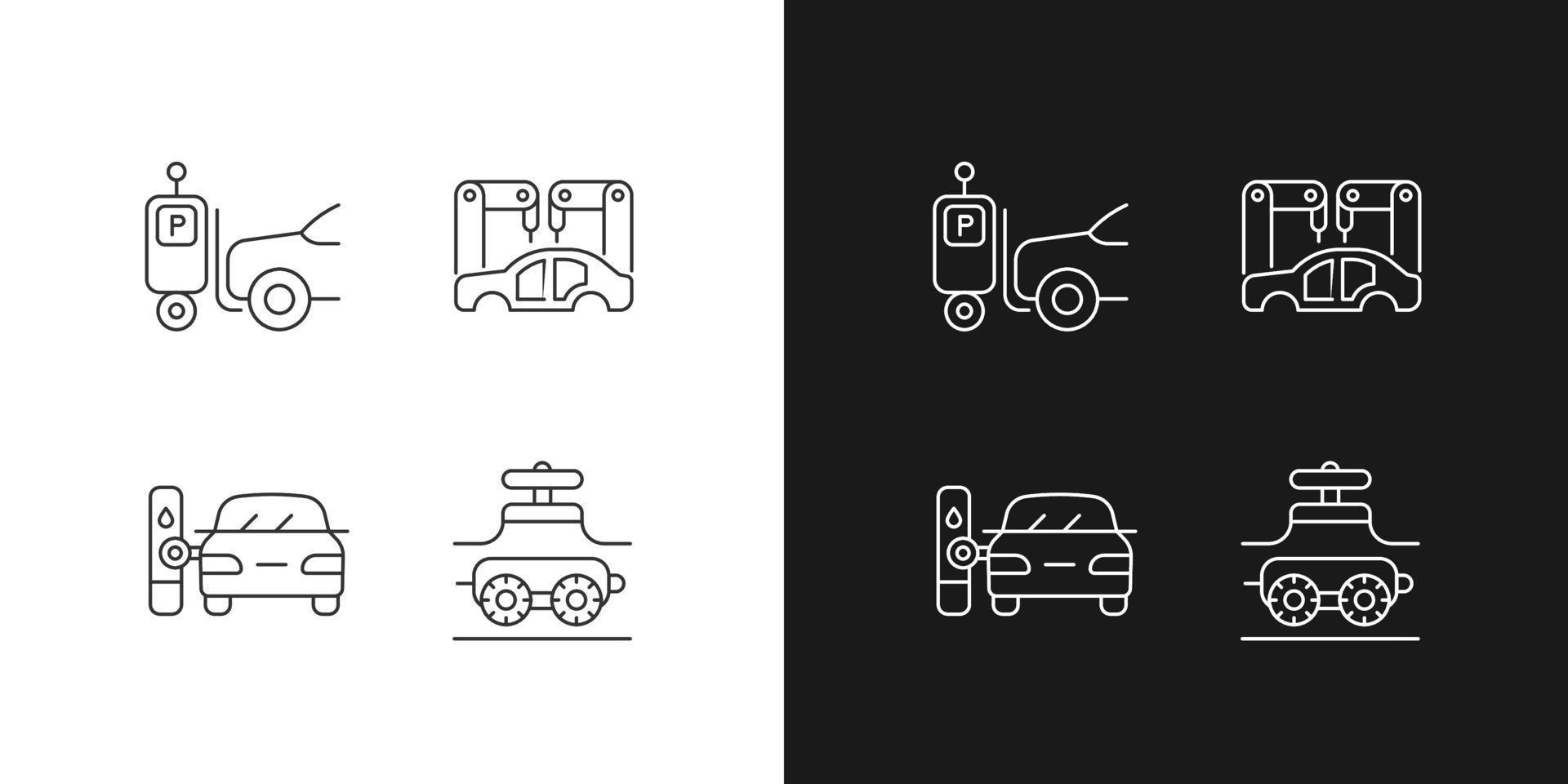 Automation in automobile industry linear icons set for dark and light mode. Self-driving forklift. Car assembly. Customizable thin line symbols. Isolated vector outline illustrations. Editable stroke