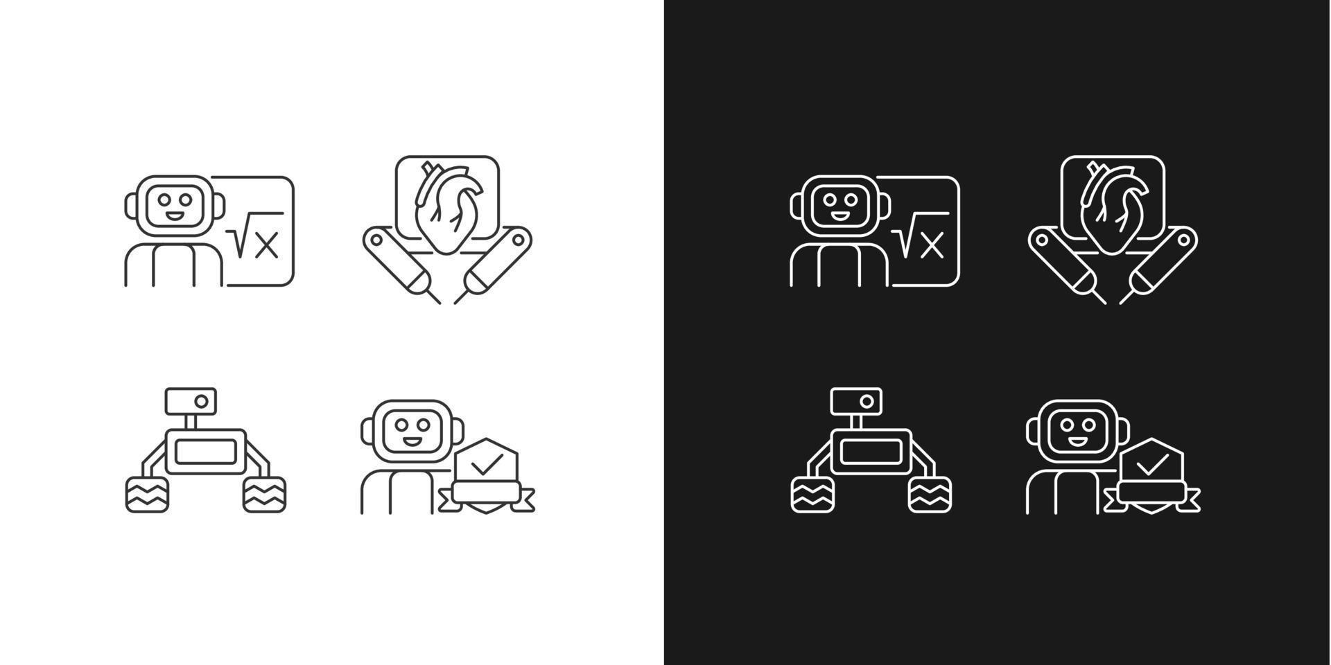 Robotics technology linear icons set for dark and light mode. Surgical robot. Robotic vehicle. Home safety. Customizable thin line symbols. Isolated vector outline illustrations. Editable stroke