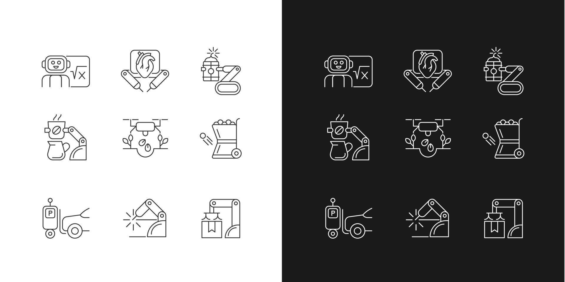 Leading technologies linear icons set for dark and light mode. Autonomous robots. Industrial automation. Customizable thin line symbols. Isolated vector outline illustrations. Editable stroke