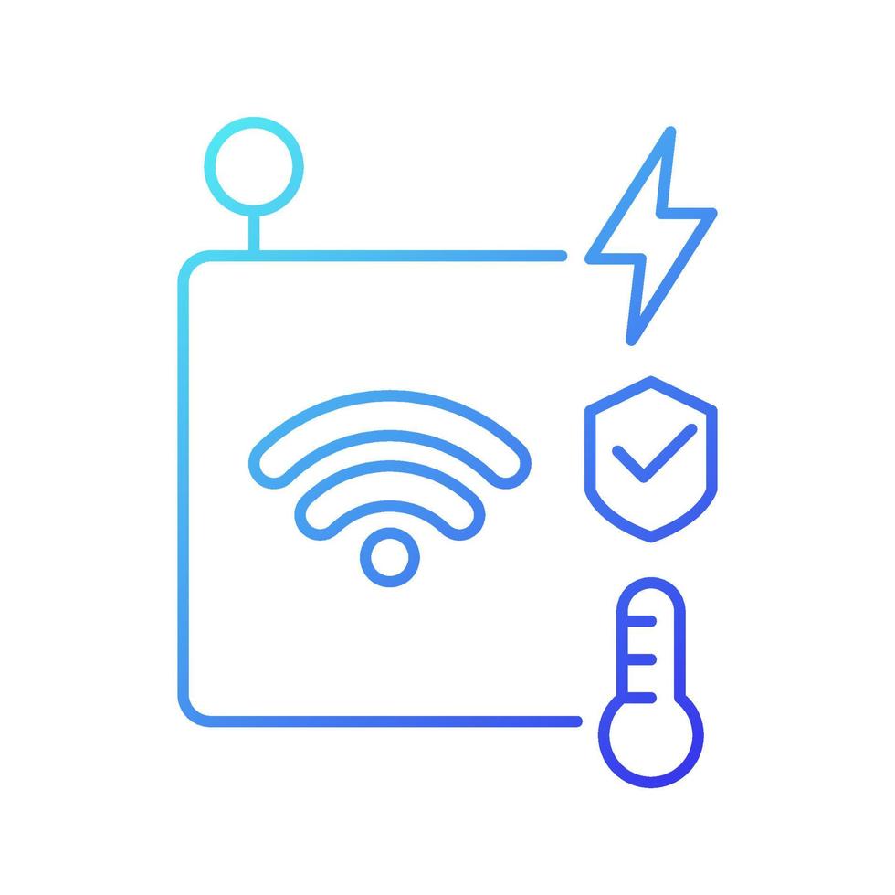 Icono de vector lineal gradiente de sensores iot. transmisión de información a través de una red inalámbrica. sistema de seguridad inteligente. símbolo de color de línea fina. pictograma de estilo moderno. dibujo de contorno aislado vectorial