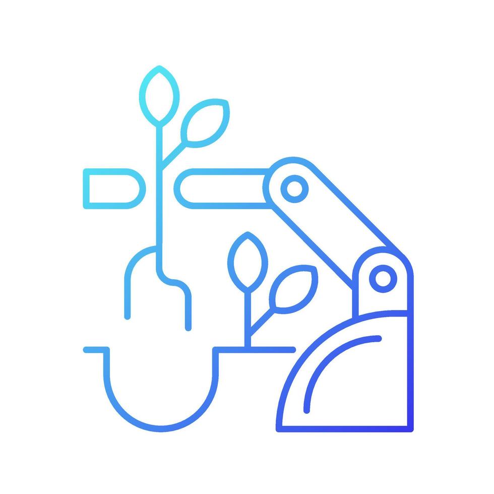 Robots for planting gradient linear vector icon. Improve agricultural production. Automatic harvesting, seeding. Thin line color symbol. Modern style pictogram. Vector isolated outline drawing