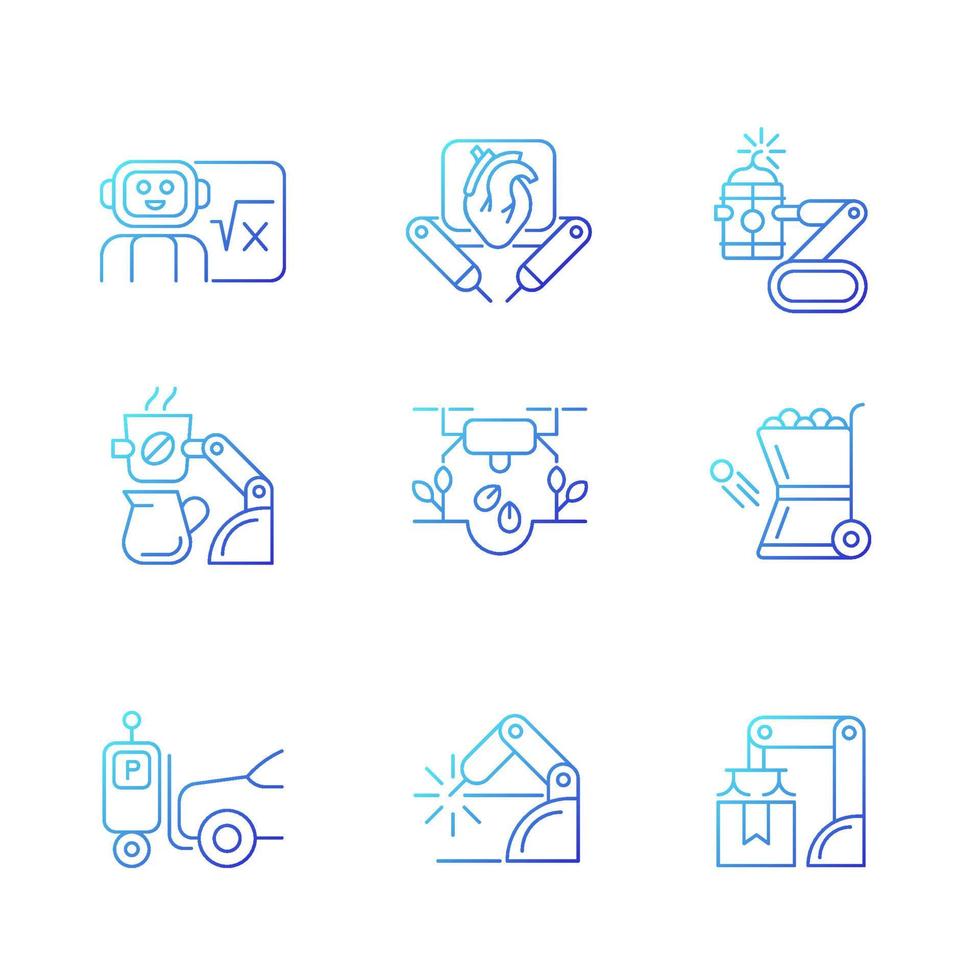 Leading technologies gradient linear vector icons set. Autonomous robots in gardening and cooking. Industrial automation. Thin line contour symbols bundle. Isolated outline illustrations collection