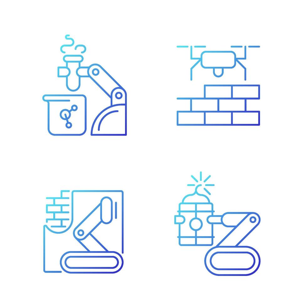 Automation in different industries gradient linear vector icons set. Robotic lab assistance. Drones for construction. Thin line contour symbols bundle. Isolated outline illustrations collection