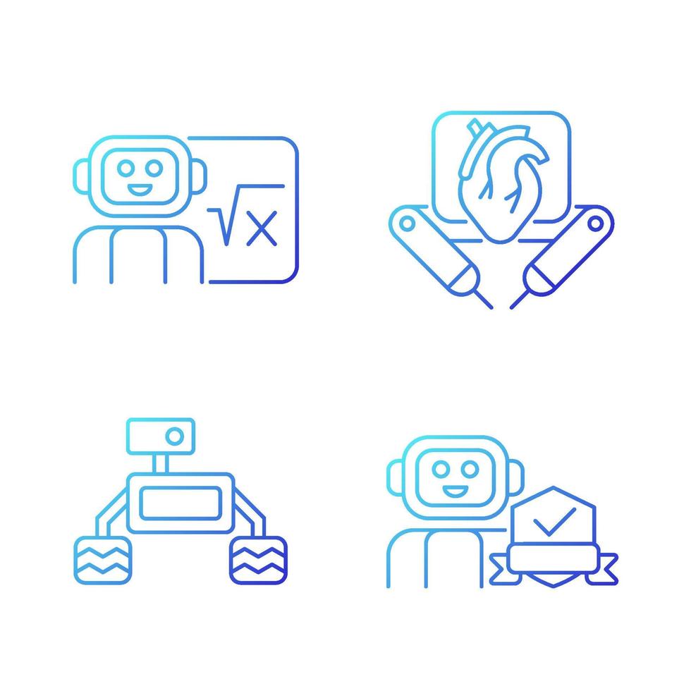 Robotics technology gradient linear vector icons set. Surgical robot. Robotic vehicle. Home safety. AI in classroom. Thin line contour symbols bundle. Isolated outline illustrations collection