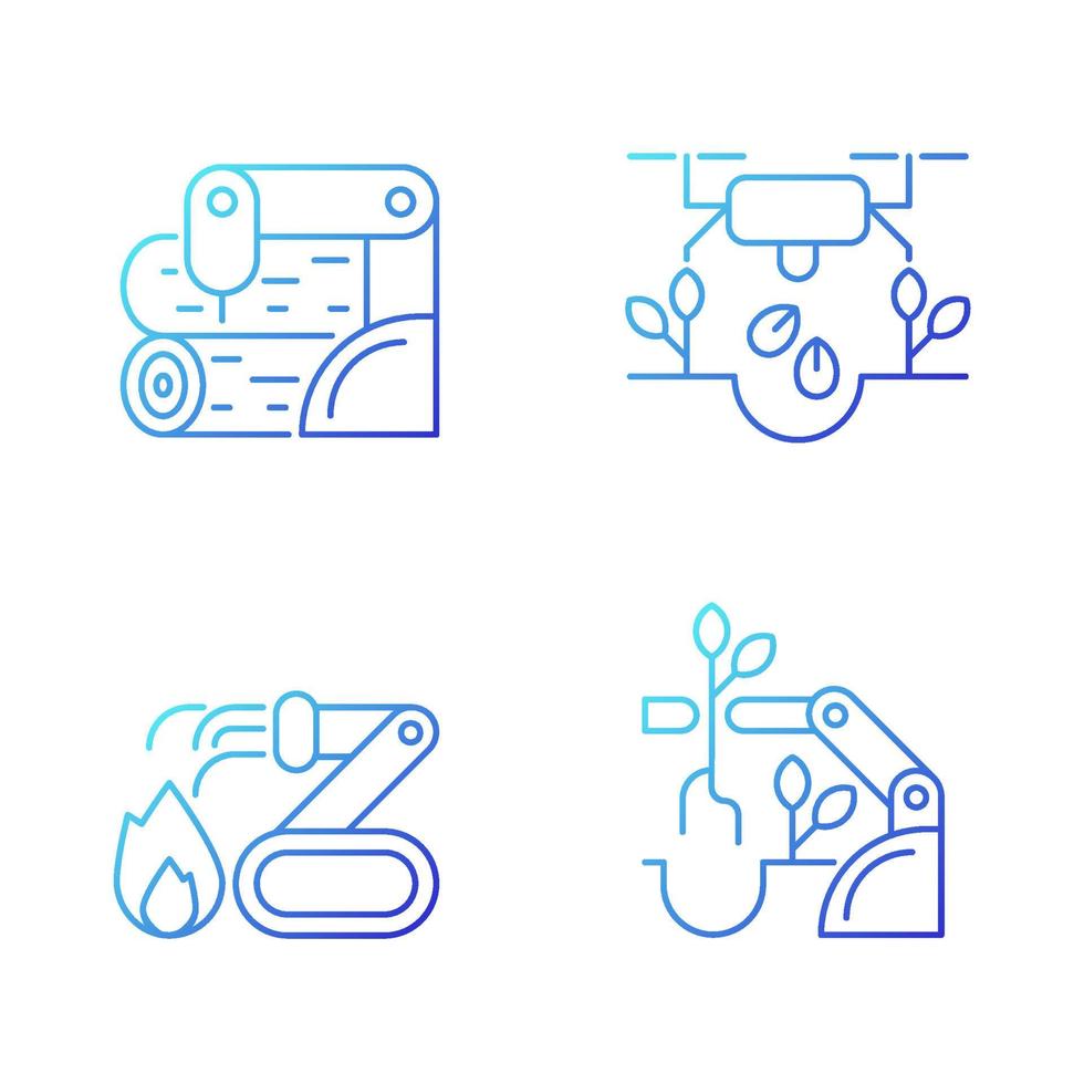 Automation for wellbeing gradient linear vector icons set. Wood processing. Drones for planting. Firefighter robot. Thin line contour symbols bundle. Isolated outline illustrations collection