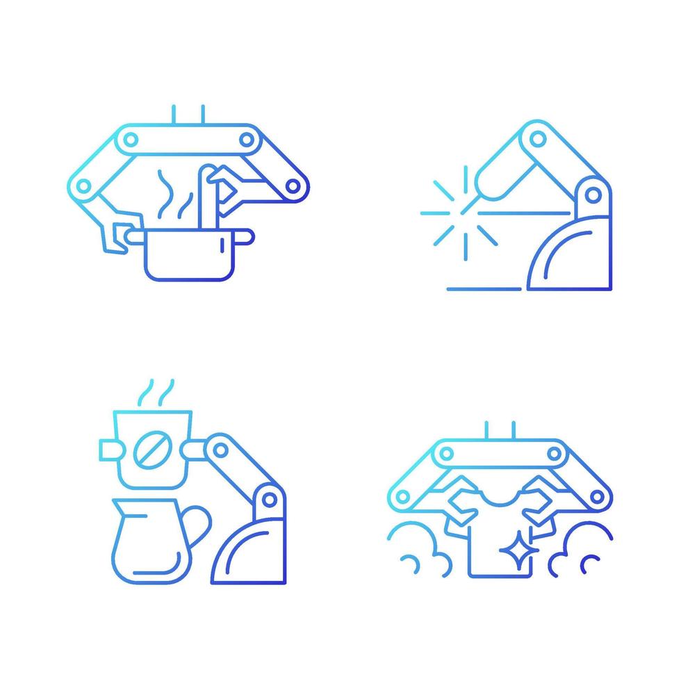 Automated mechanical devices gradient linear vector icons set. Robotic kitchen. Welding robotics. Coffee making robot. Thin line contour symbols bundle. Isolated outline illustrations collection