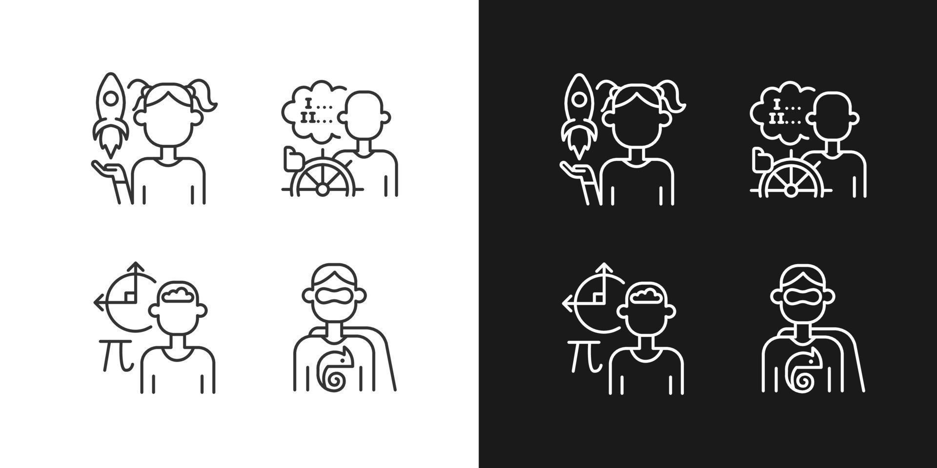 Kids talents linear icons set for dark and light mode. Personal development. Thin line contour symbols bundle. Customizable thin line symbols. Isolated vector outline illustrations. Editable stroke