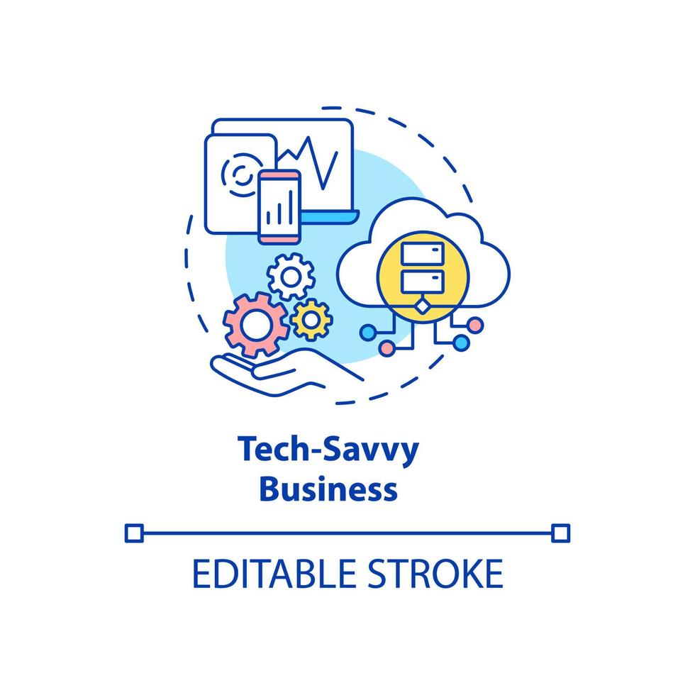 Tech savvy business concept icon. Digitally advanced organization. Compant structure. Business model abstract idea thin line illustration. Vector isolated outline color drawing. Editable stroke