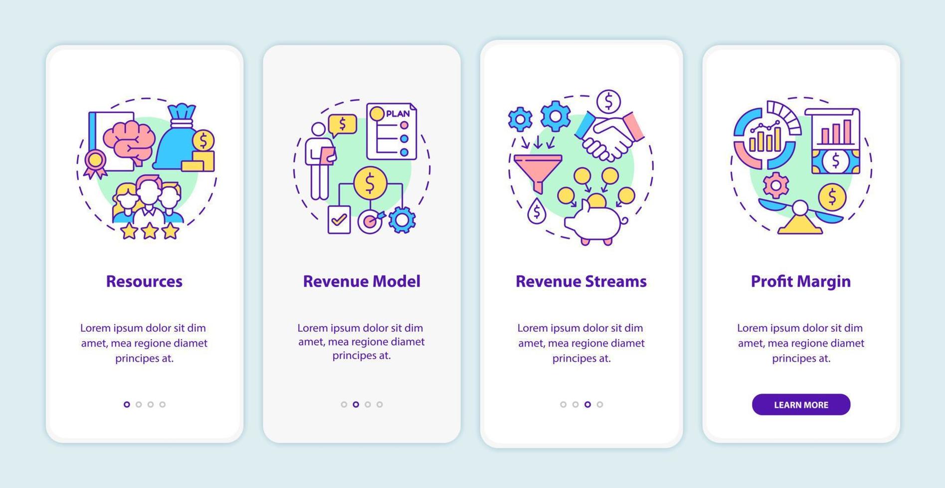 Business model essentials onboarding mobile app page screen. Company finance walkthrough 4 steps graphic instructions with concepts. UI, UX, GUI vector template with linear color illustrations