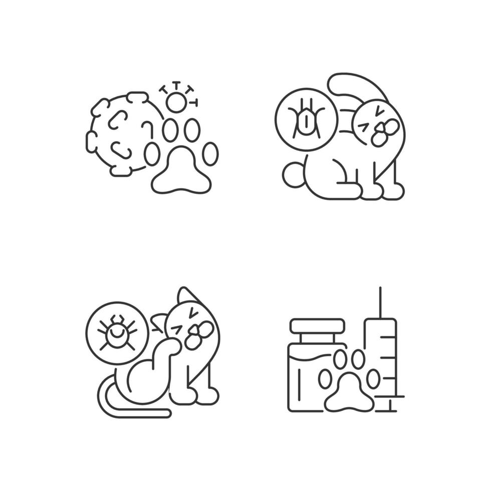 Pet parasites linear icons set. Fleas and ticks. Ear infection and symptoms. Domestic animal vaccination. Customizable thin line contour symbols. Isolated vector outline illustrations. Editable stroke