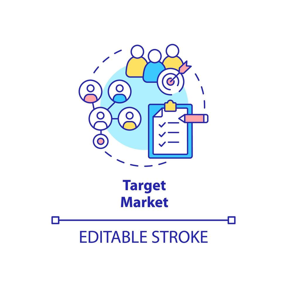 Target market concept icon. Identify segment of potential clients. Company customers. Business model abstract idea thin line illustration. Vector isolated outline color drawing. Editable stroke