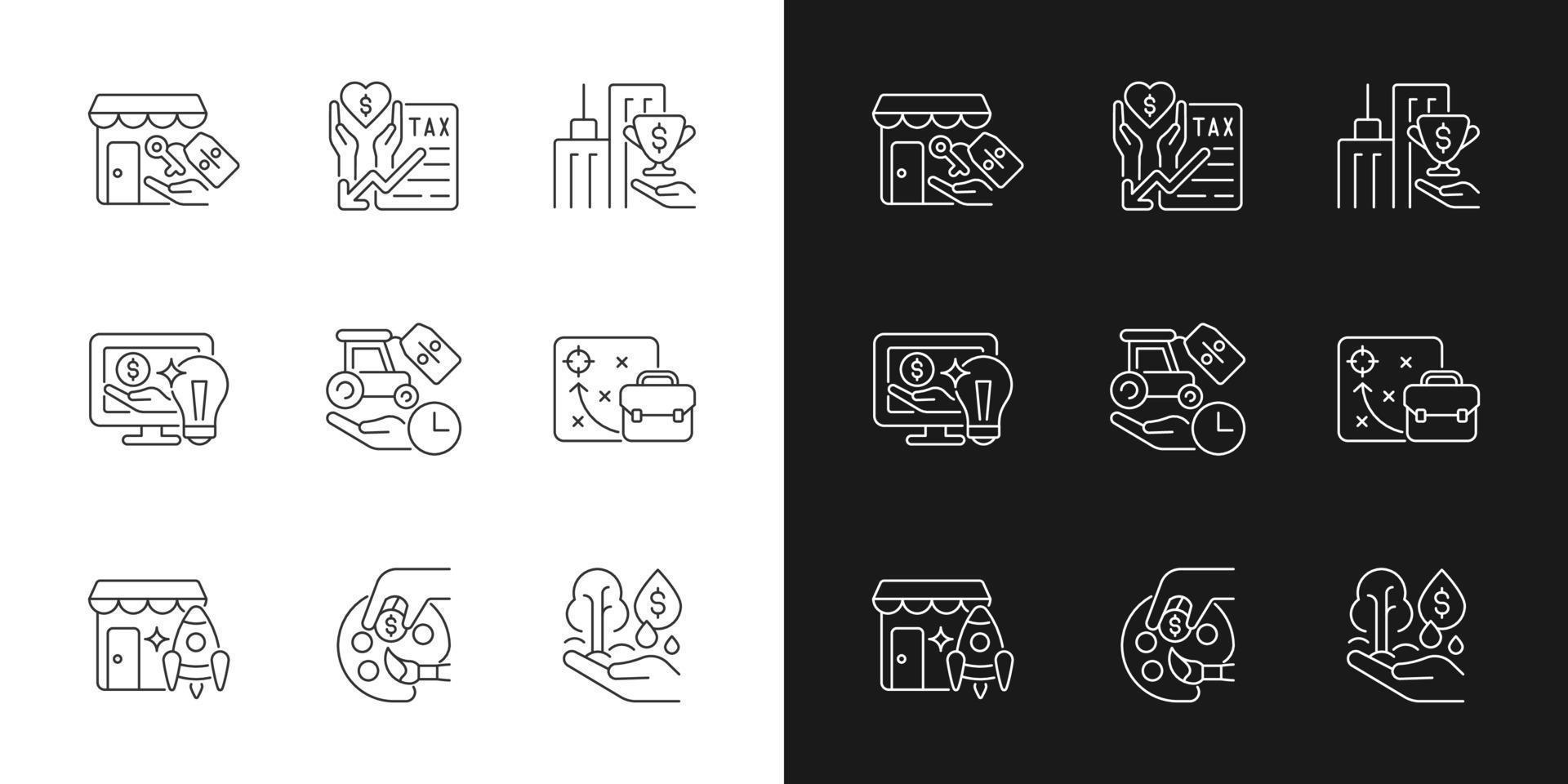 Small business financial support linear icons set for dark and light mode. Tax payments deduction. Customizable thin line symbols. Isolated vector outline illustrations. Editable stroke