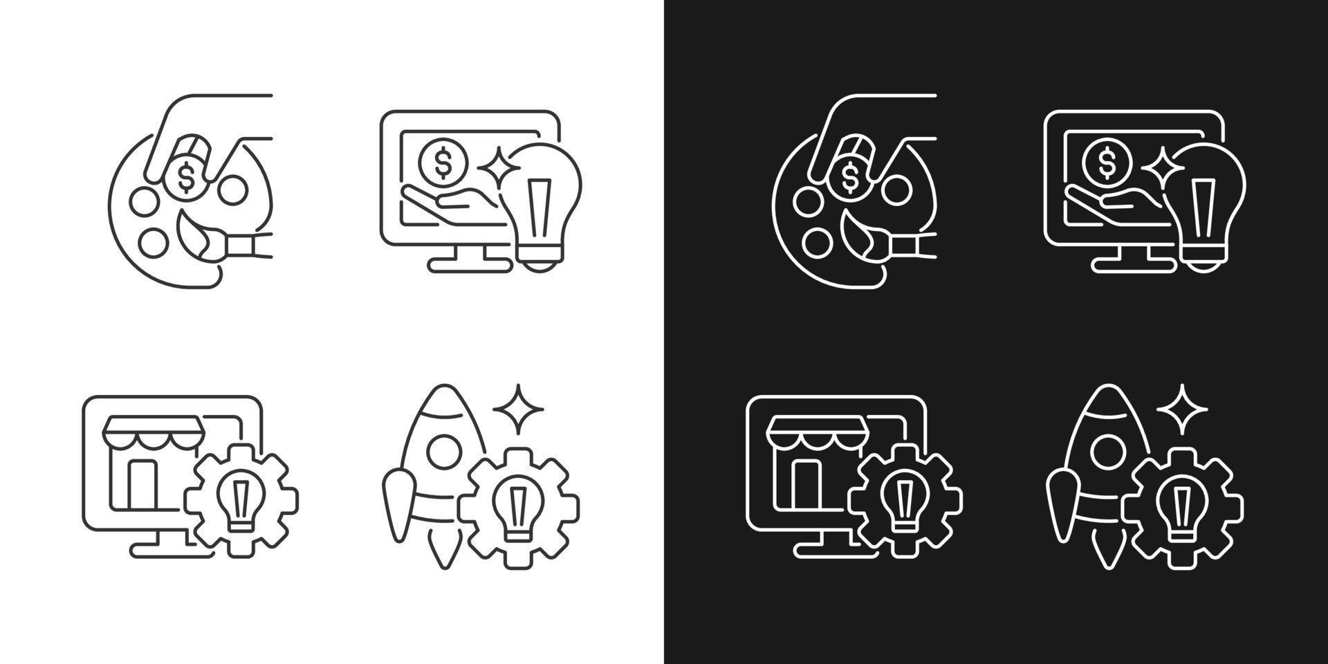 Startup ideas linear icons set for dark and light mode. Patronage, guidance. Online marketplace. Small business. Customizable thin line symbols. Isolated vector outline illustrations. Editable stroke