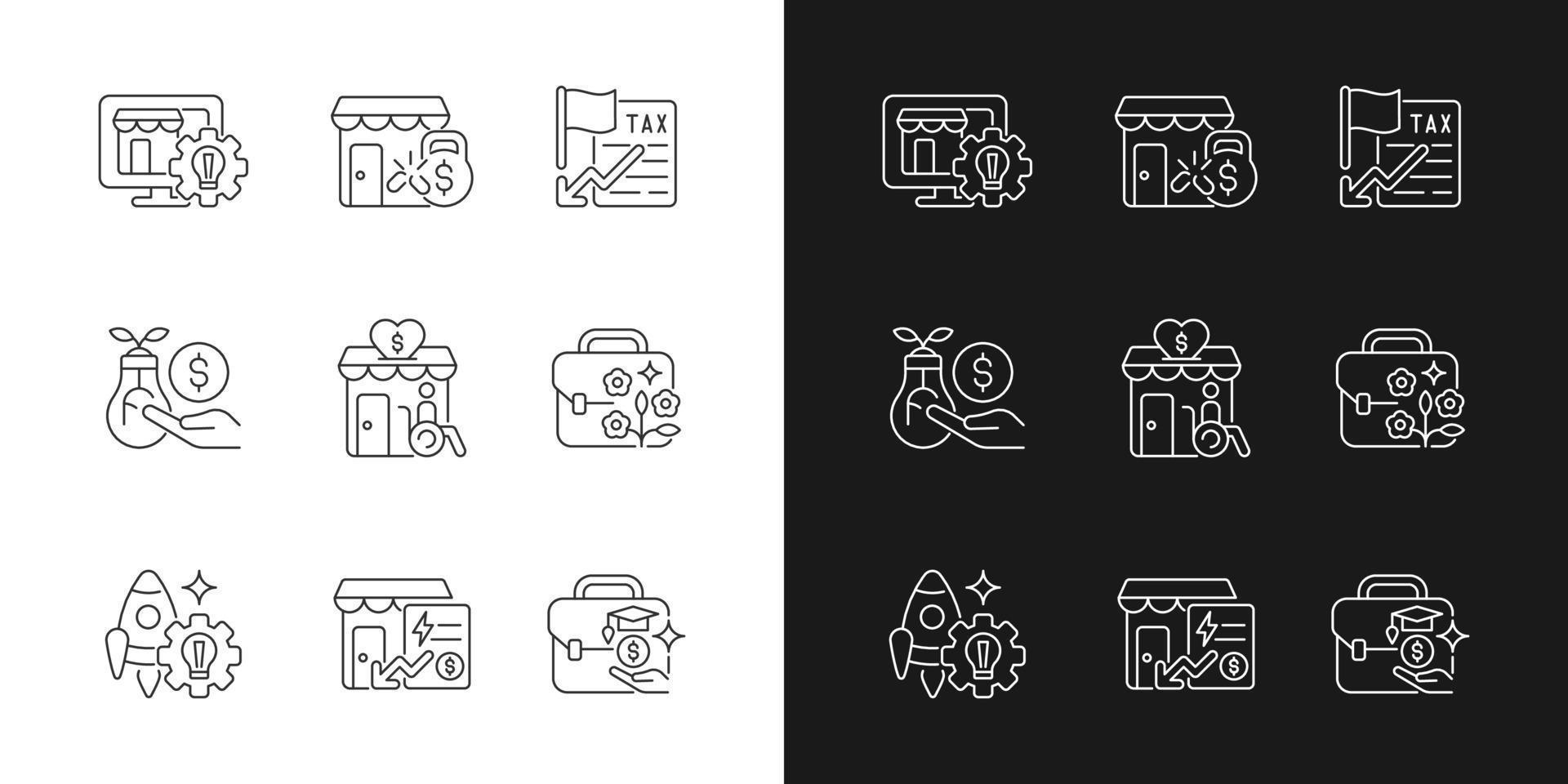 Small business development support linear icons set for dark and light mode. Website creation. Customizable thin line symbols. Isolated vector outline illustrations. Editable stroke