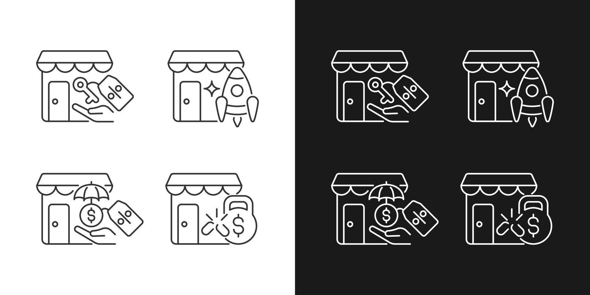 Startup fast growth linear icons set for dark and light mode. Small business launch. Payments reduction. Customizable thin line symbols. Isolated vector outline illustrations. Editable stroke