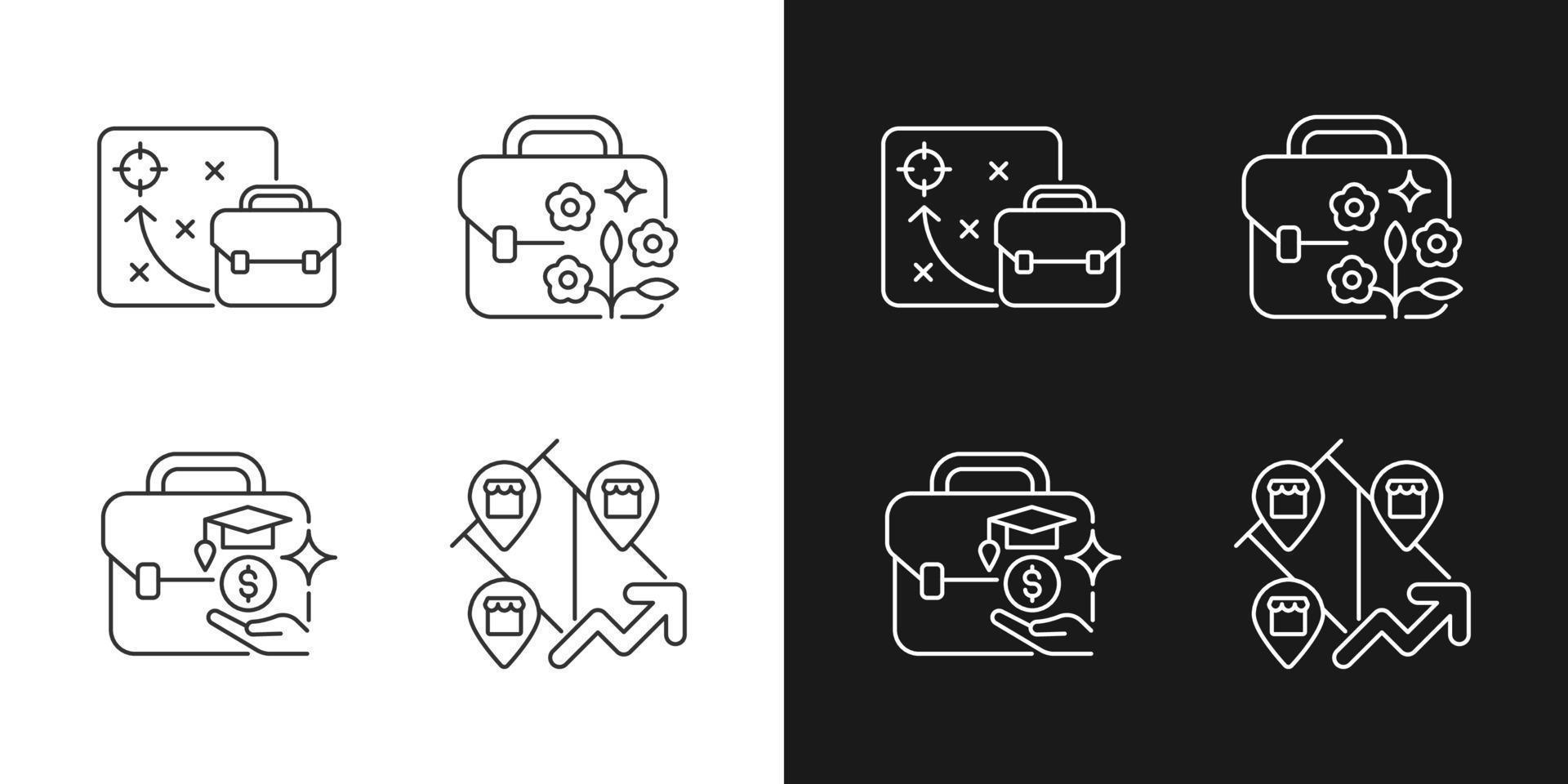 Business development linear icons set for dark and light mode. Educational grant for employees. Customizable thin line symbols. Isolated vector outline illustrations. Editable stroke
