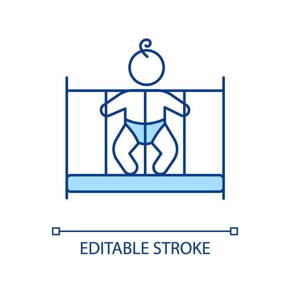 Child in cradle RGB color icon. Baby crib. Child cot. Nursery furniture. Kid comfortable sleeping. Baby bedding. Newborn bedroom. Isolated vector illustration. Simple filled line drawing