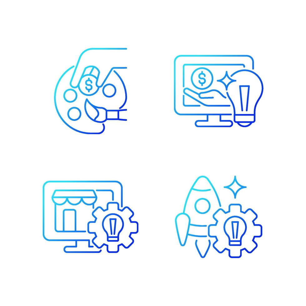 Startup ideas gradient linear vector icons set. Patronage, guidance. Online marketplace. Small business. Financial support. Thin line contour symbols bundle. Isolated outline illustrations collection