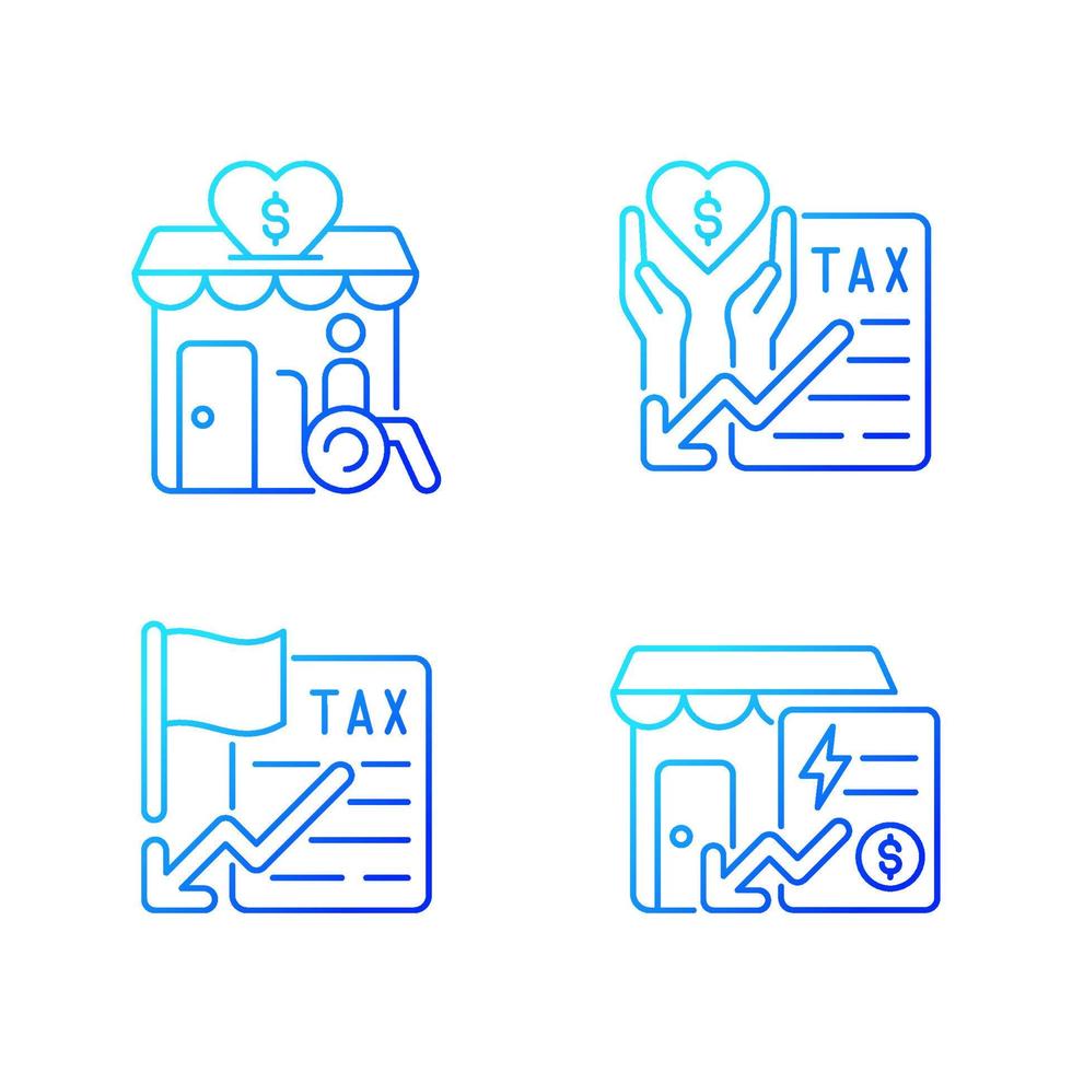 Charity and financial support gradient linear vector icons set. Grants for disabled persons. Taxation deduction. Thin line contour symbols bundle. Isolated outline illustrations collection