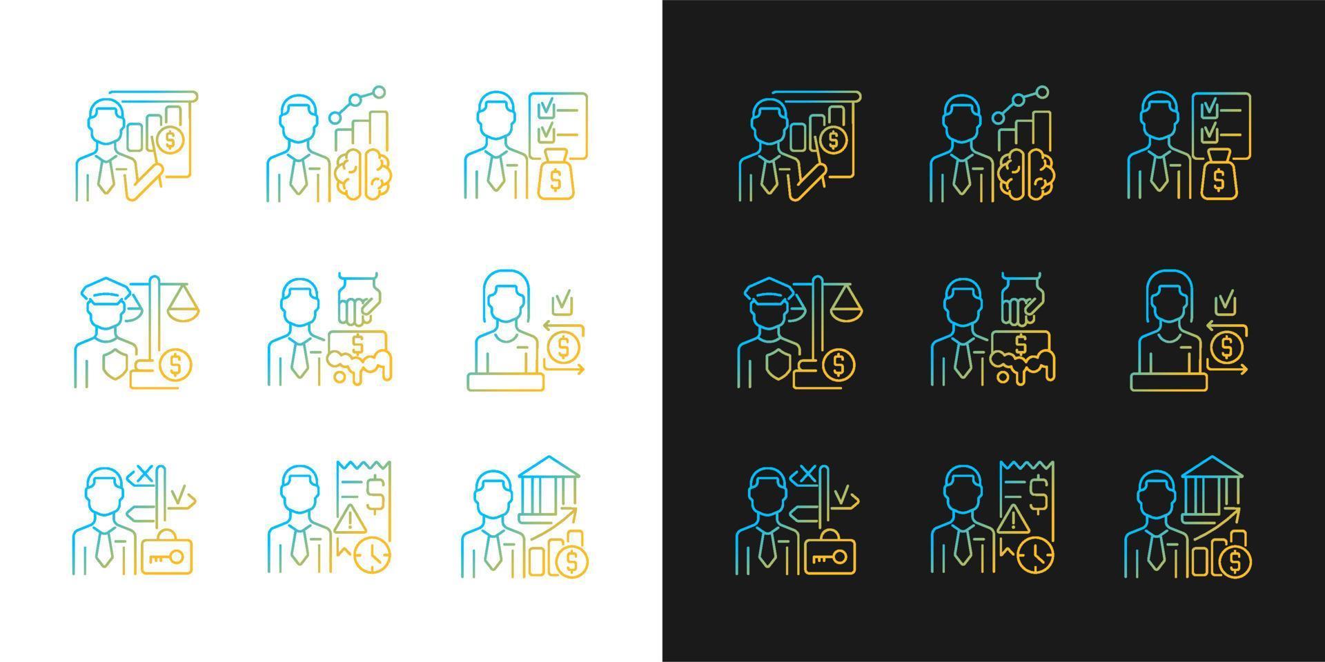 Career in finance field gradient icons set for dark and light mode. Business administration jobs. Thin line contour symbols bundle. Isolated vector outline illustrations collection on black and white