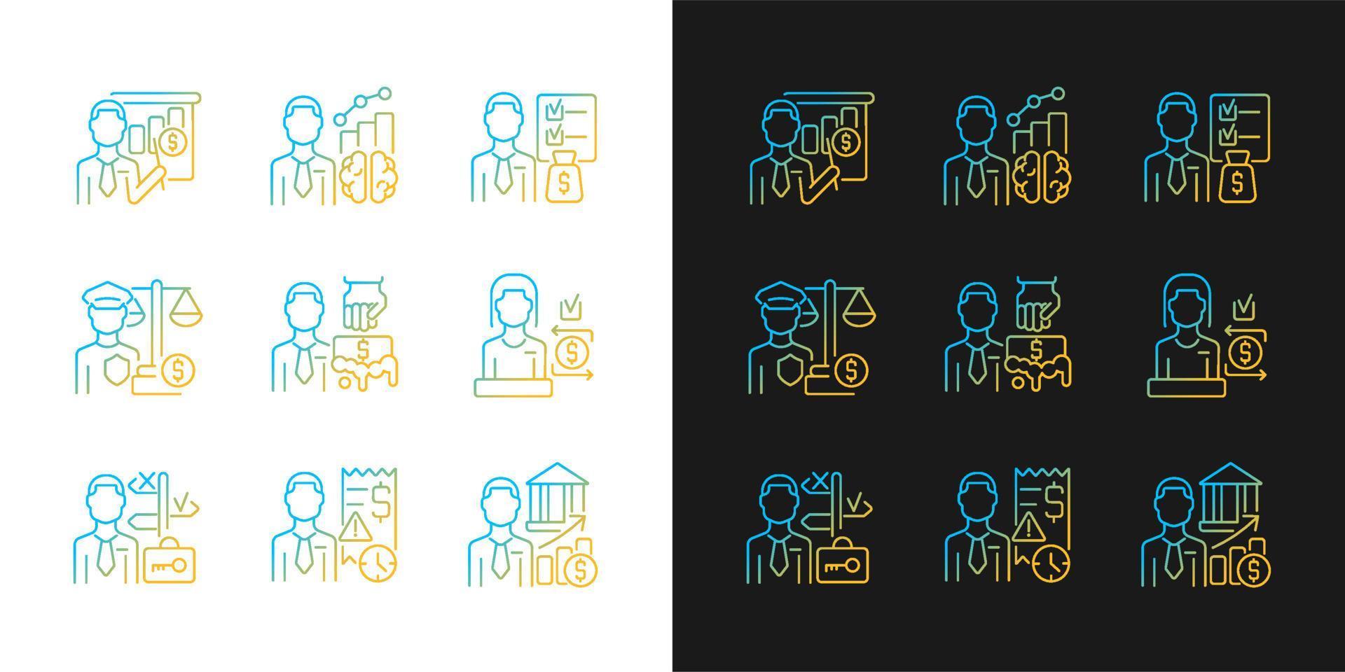 Career in finance field gradient icons set for dark and light mode. Business administration jobs. Thin line contour symbols bundle. Isolated vector outline illustrations collection on black and white