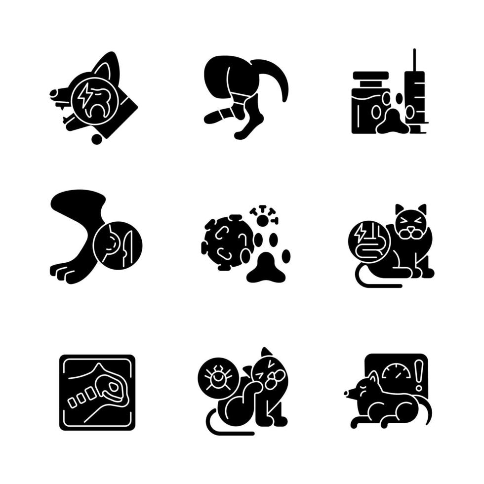 mascotas lesiones físicas iconos de glifos negros en espacios en blanco. enfermedad de los animales domésticos. Enfermedad corporal externa e interna. parásitos infecciosos. símbolos de silueta. vector ilustración aislada