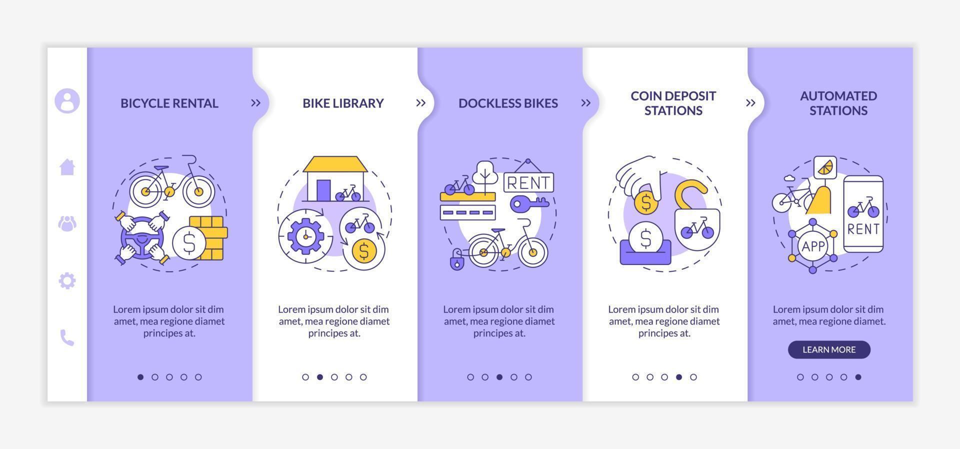 Bicycle-share categorization onboarding vector template. Responsive mobile website with icons. Web page walkthrough 5 step screens. Coin deposit stations color concept with linear illustrations