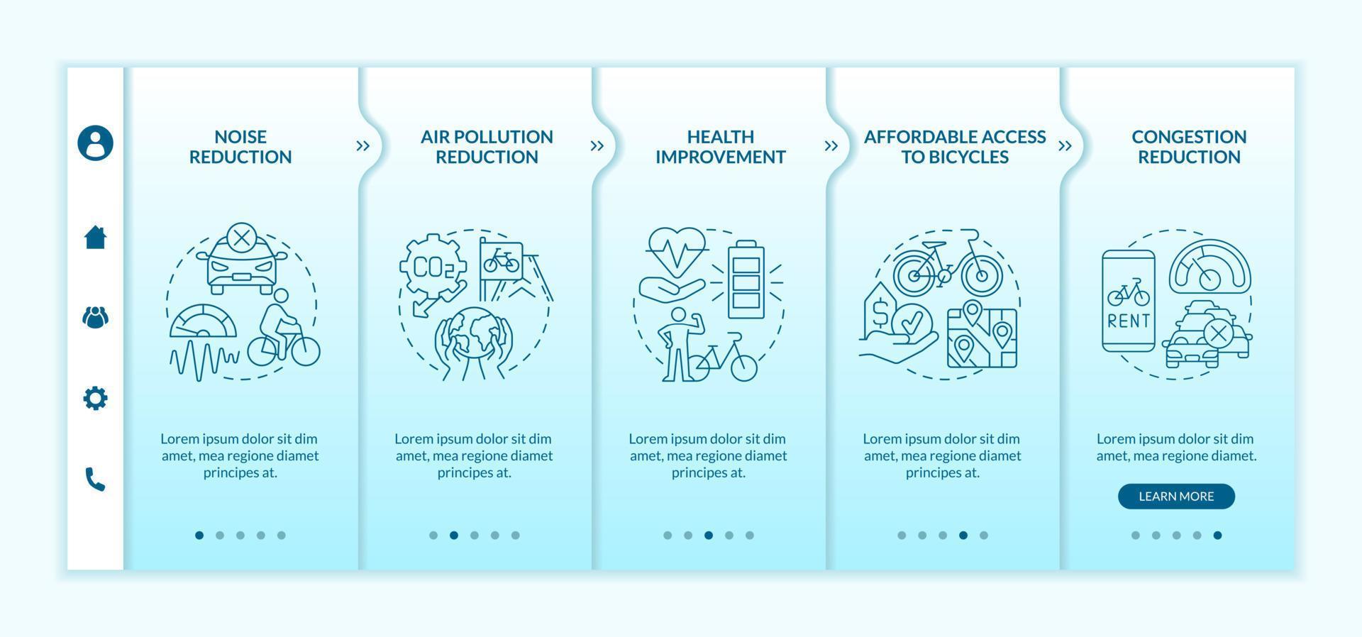 Bicycle share scheme goals onboarding vector template. Responsive mobile website with icons. Web page walkthrough 5 step screens. Air pollution reduction color concept with linear illustrations