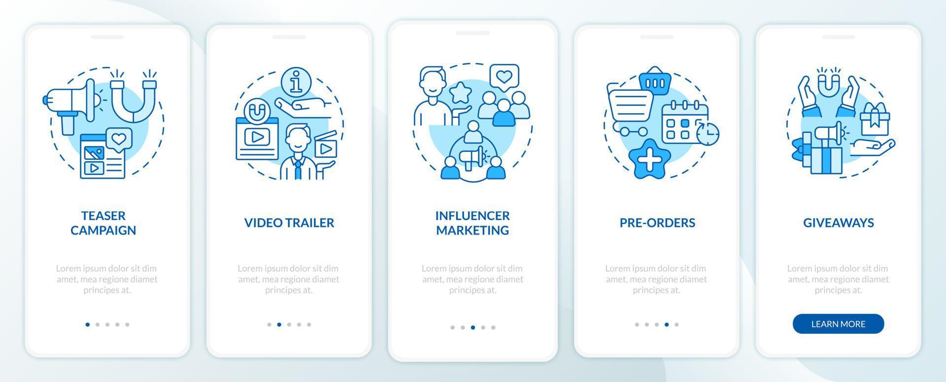 Startup advertising strategy tips onboarding mobile app page screen. Small business walkthrough 5 steps graphic instructions with concepts. UI, UX, GUI vector template with linear color illustrations