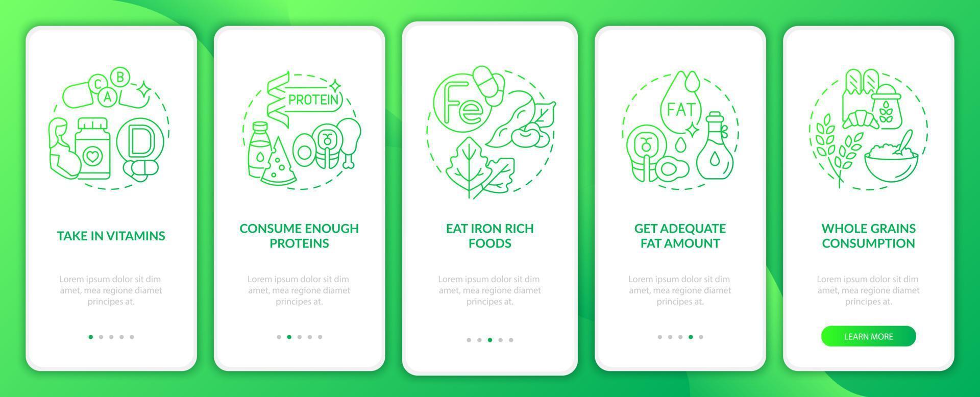 Healthy pregnancy maintenance onboarding mobile app page screen. Whole grains walkthrough 5 steps graphic instructions with concepts. UI, UX, GUI vector template with linear color illustrations