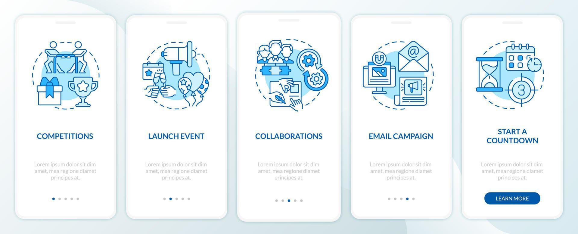 Engaging customer attention tips onboarding mobile app page screen. Startup launch walkthrough 5 steps graphic instructions with concepts. UI, UX, GUI vector template with linear color illustrations